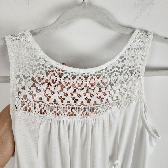 Cream Lace High-Low Top Sleeveless Button Up Sheer Blouse Small - Picture 9 of 13